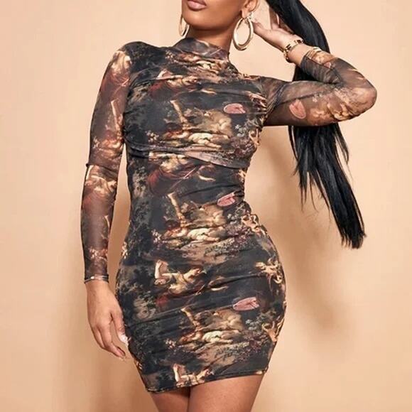 PrettyLittleThing Dress Renaissance Cherub Mesh Bodycon Mini NWT Size 2 Party - Picture 2 of 12